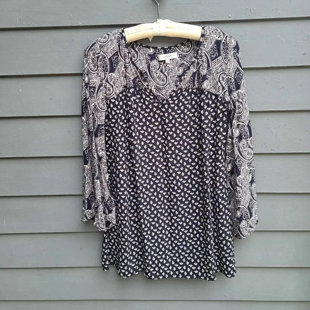 Umgee Black Tan Cotton Blend Paisley Bird Print Top Small